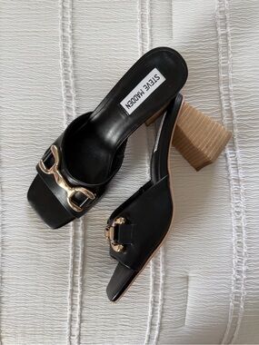 Steve Madden Black Leather Open-Toe Block Heels